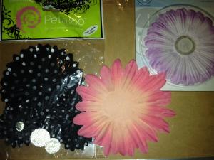 3 PACKS FABRIC FLOWERS, BLACK POLKADOT, PINK & MAUVE FLOWERS