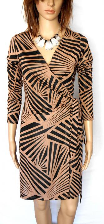 ARK & CO wrap style dress, coffee & black geometric, sz. 10-12