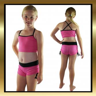 Kids Dancewear - Pink/Black Tie Side Dance Shorts & Top