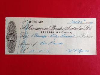 Commercial Bank Of Australia Cheque 1939