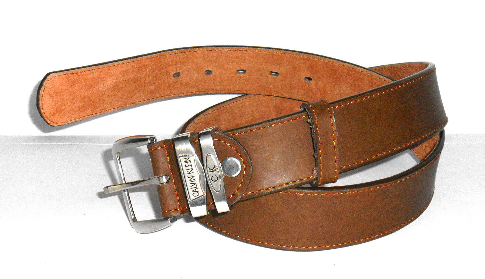 Swapmeet - CALVIN KLEIN leather belt, sz. L - NWOT - saddle brown